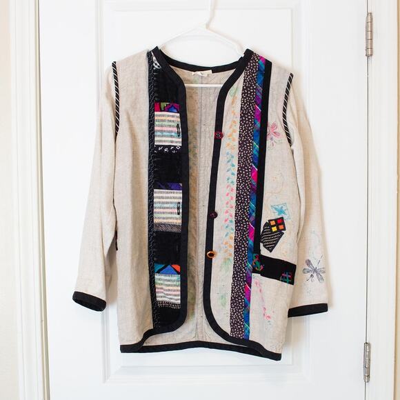Linen Blend S VTG Lagenlook Lynn Murray Patchwork Pattern Art Boho Blazer FLAW - Picture 2 of 15